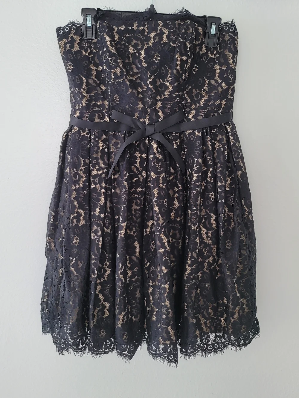 Strapless Black Lace Dress with Cream Lining and Satin Waist Bow Size 6